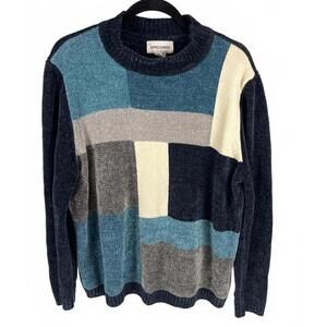 Retro 90s Pixel Art Geometric Knit Sweater - Moody Blues XL
